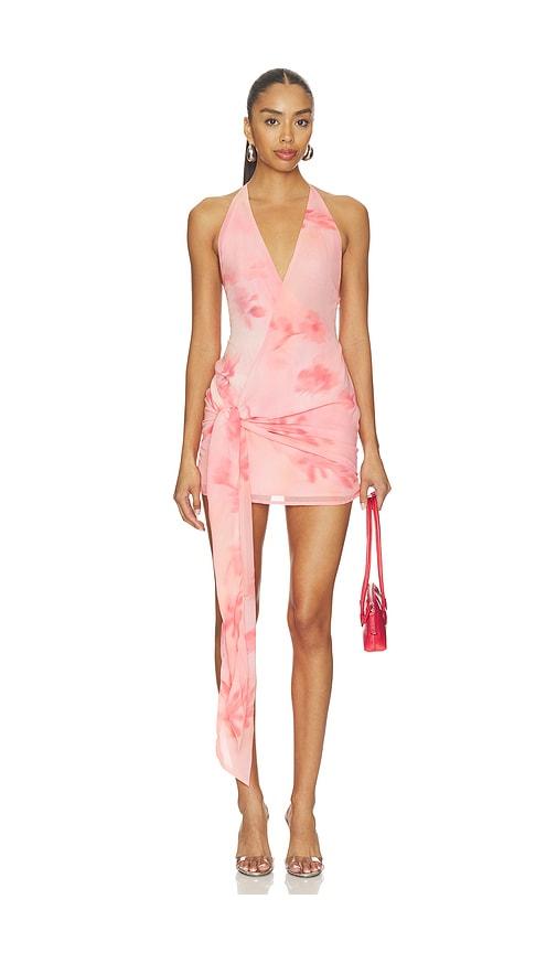 more to come karter wrap mini dress in peach.