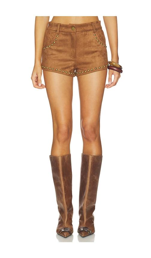 more to come leanan studded faux suede short in tan.