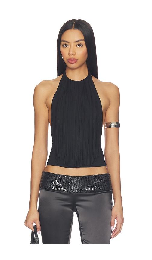 more to come leigh fringe halter top in black.
