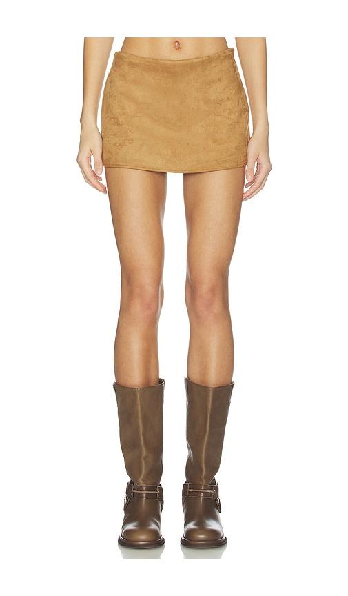 more to come meliya faux suede skort in tan.