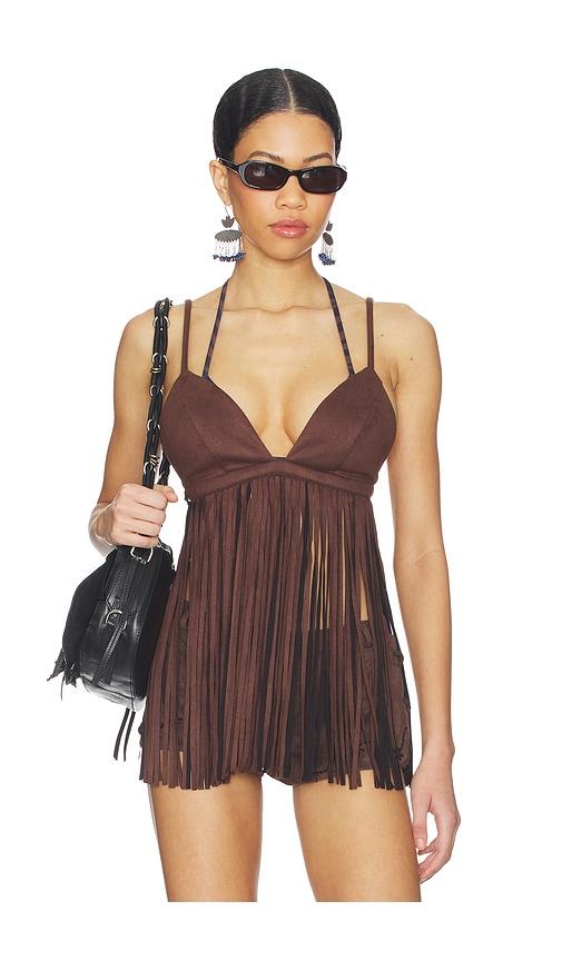 more to come moriah fringe faux suede top in chocolate.