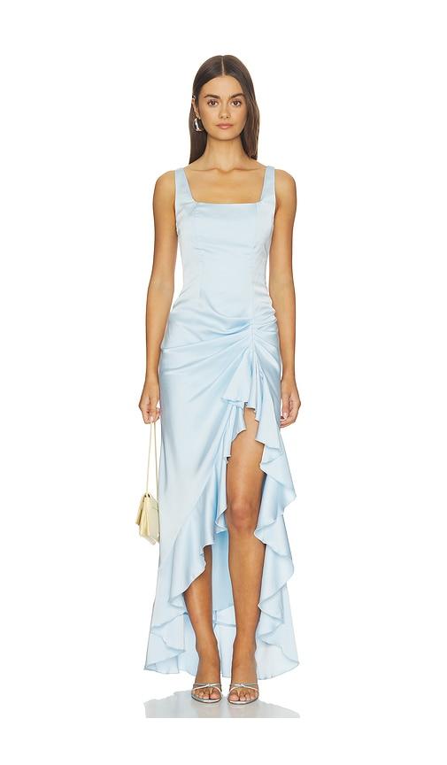 more to come phoebe ruffle maxi dress in baby blue.