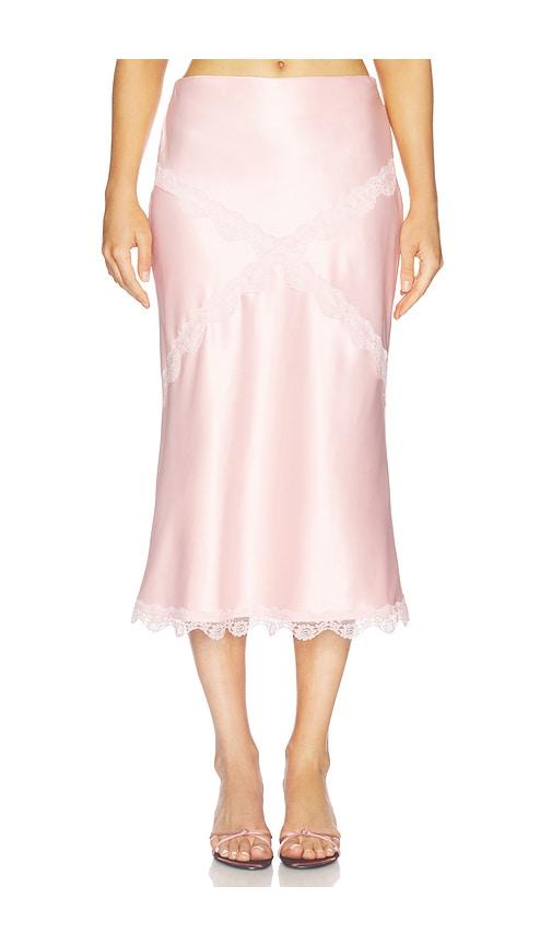 more to come priscilla midi skirt in pink.