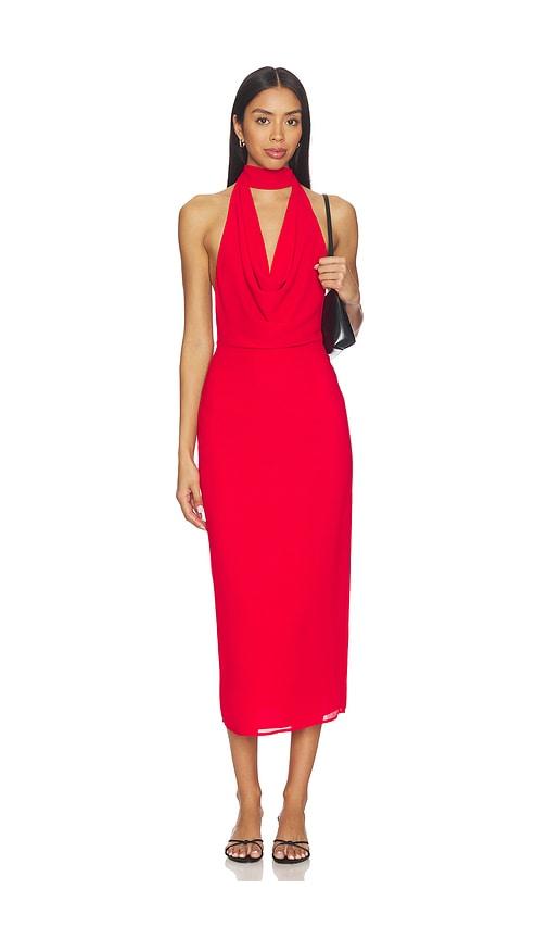 more to come ria halter midi dress in red.