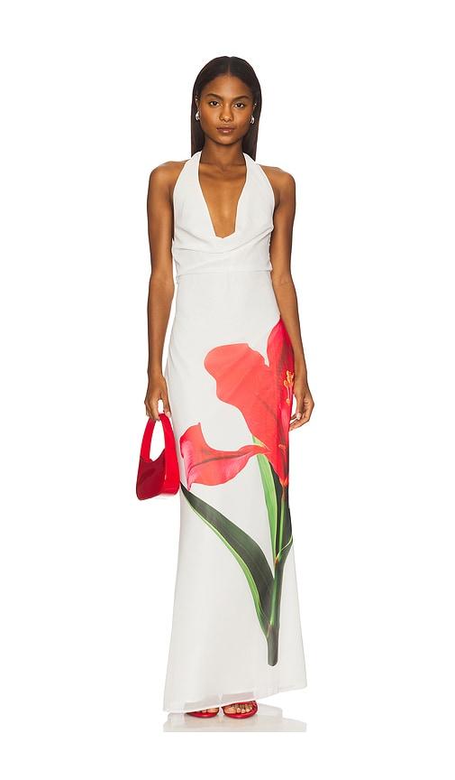 more to come shelby halter maxi dress in white.