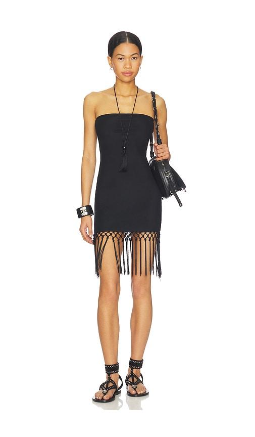 more to come shion fringe mini dress in black.