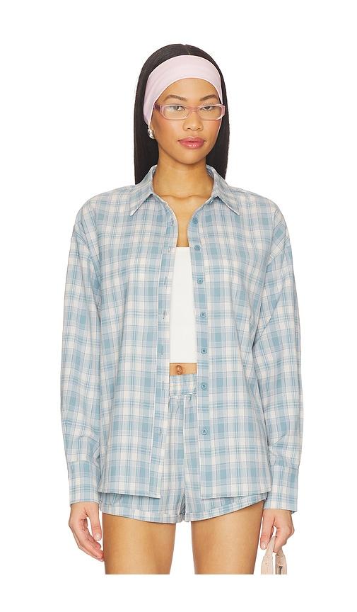 more to come thatcher button down top in blue.