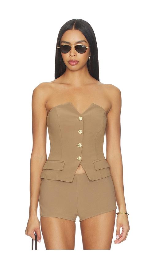 more to come twila strapless top in tan.