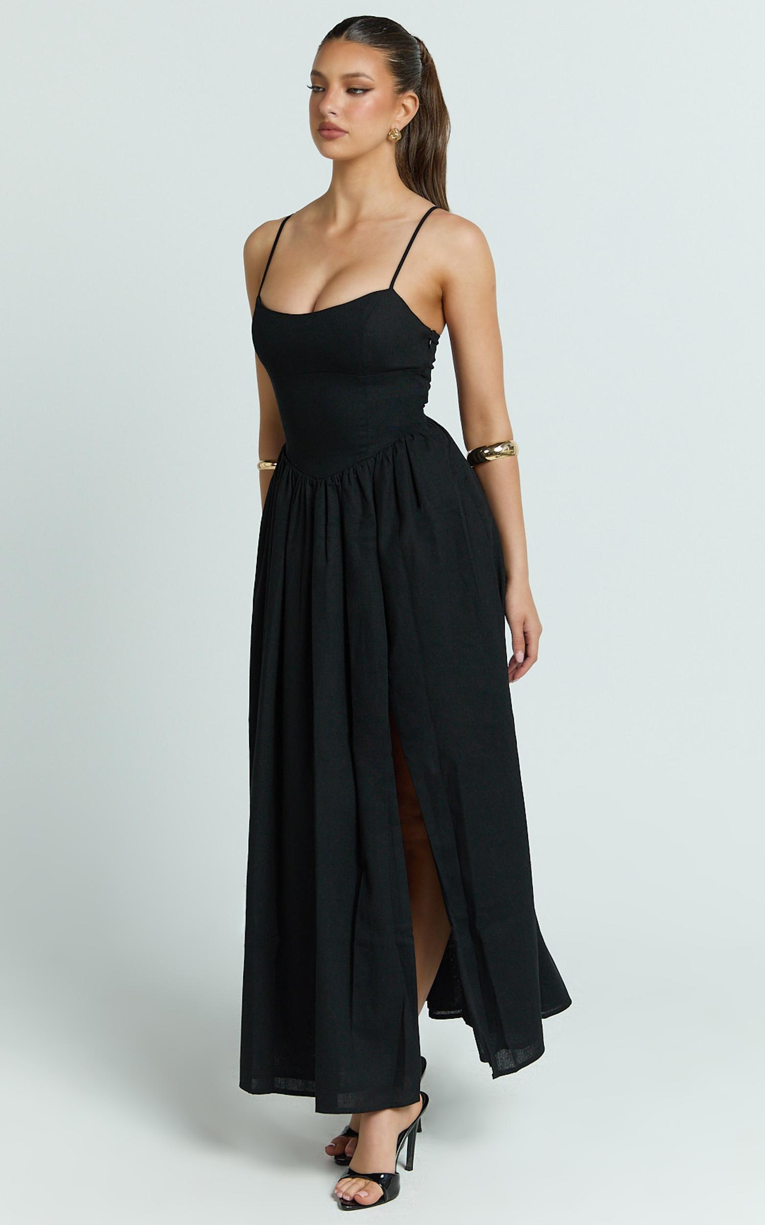 morris midi dress - linen scoop neck gathered dress in black