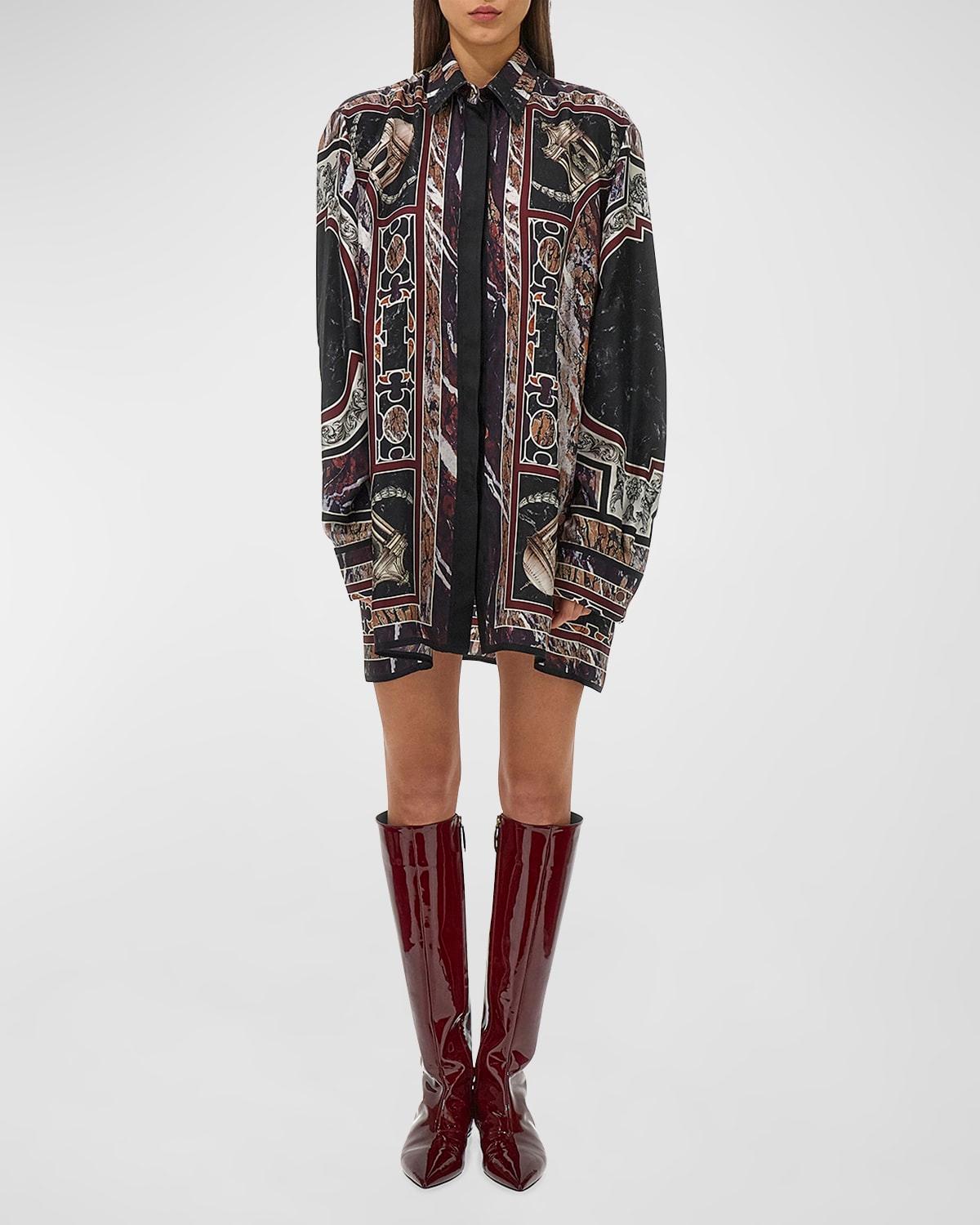 mosaic long-sleeve silk mini shirtdress