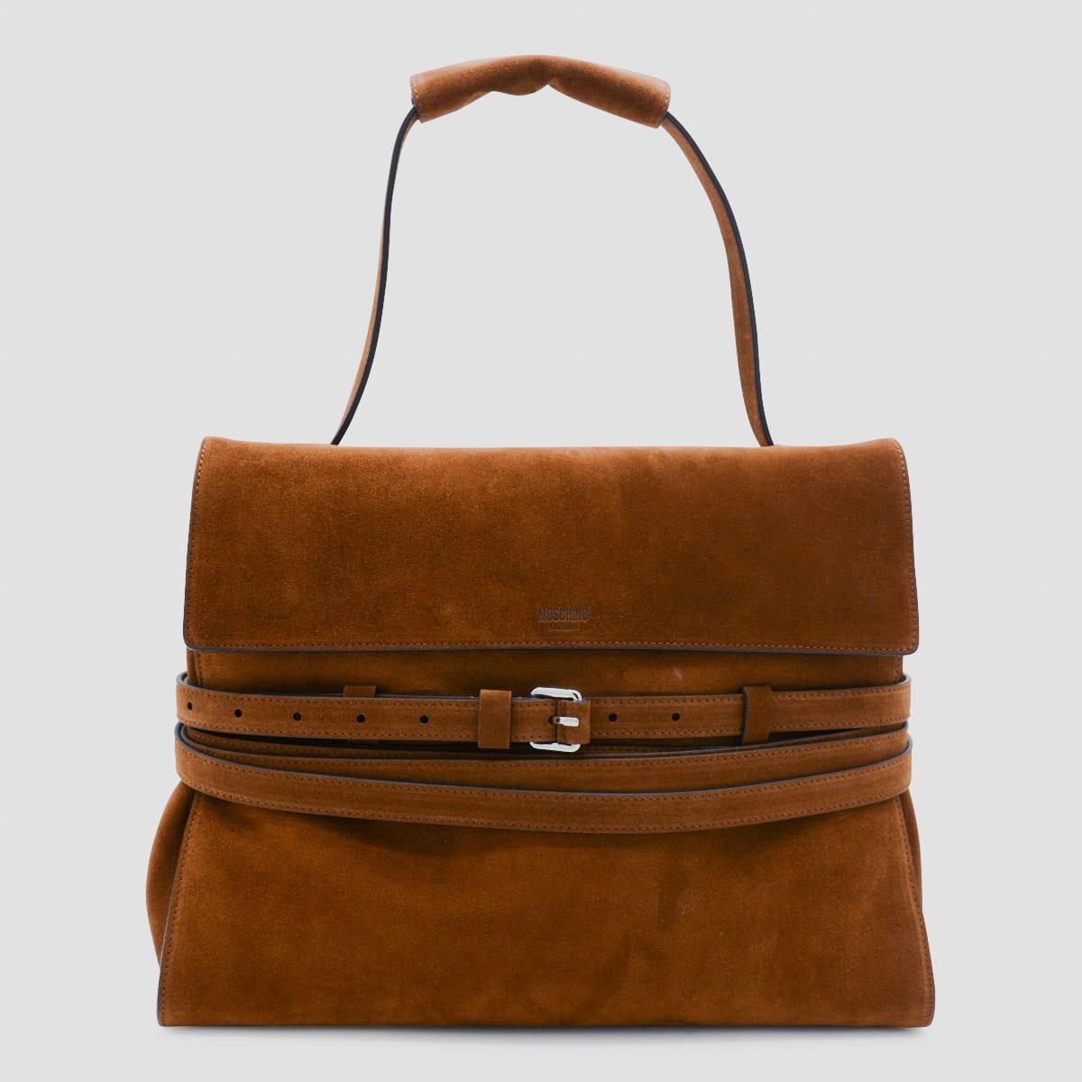 moschino brown leather suede top handle bag