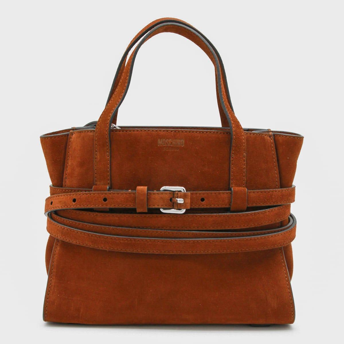 moschino brown leather tie me top handle bag