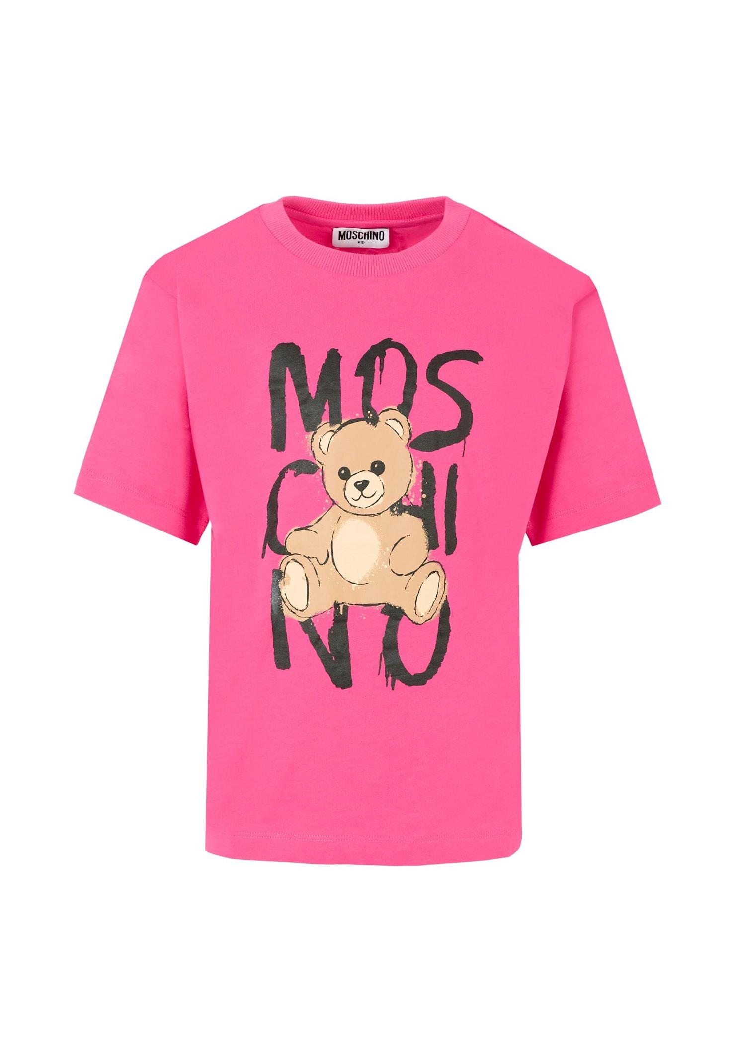 moschino fuchsia t-shirt for girl with teddy bear and logo
