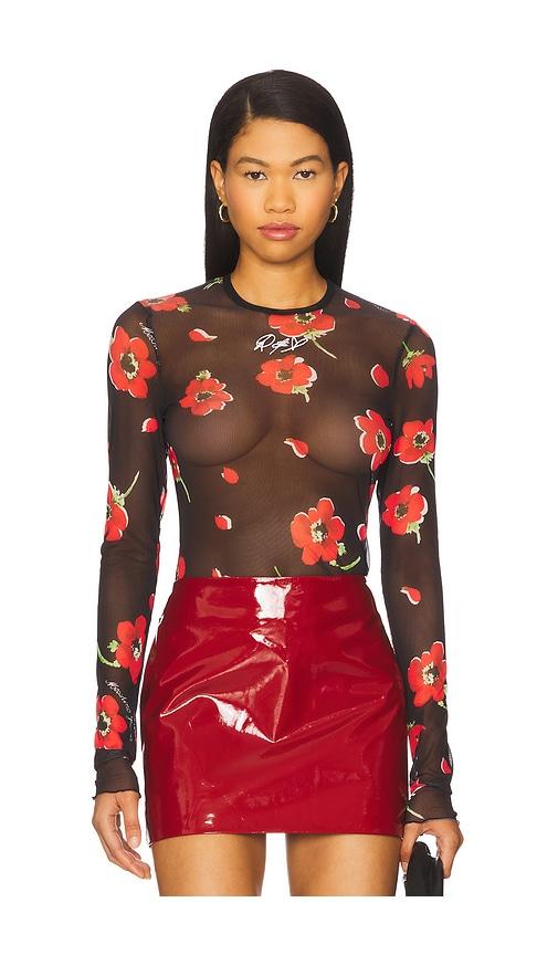 moschino jeans sheer floral long sleeve in black.