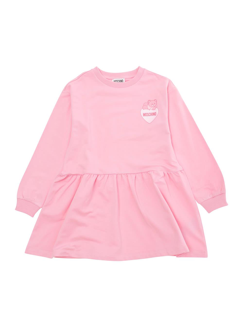 moschino pink dress with flared skirt and logo print in stretch cotton girl