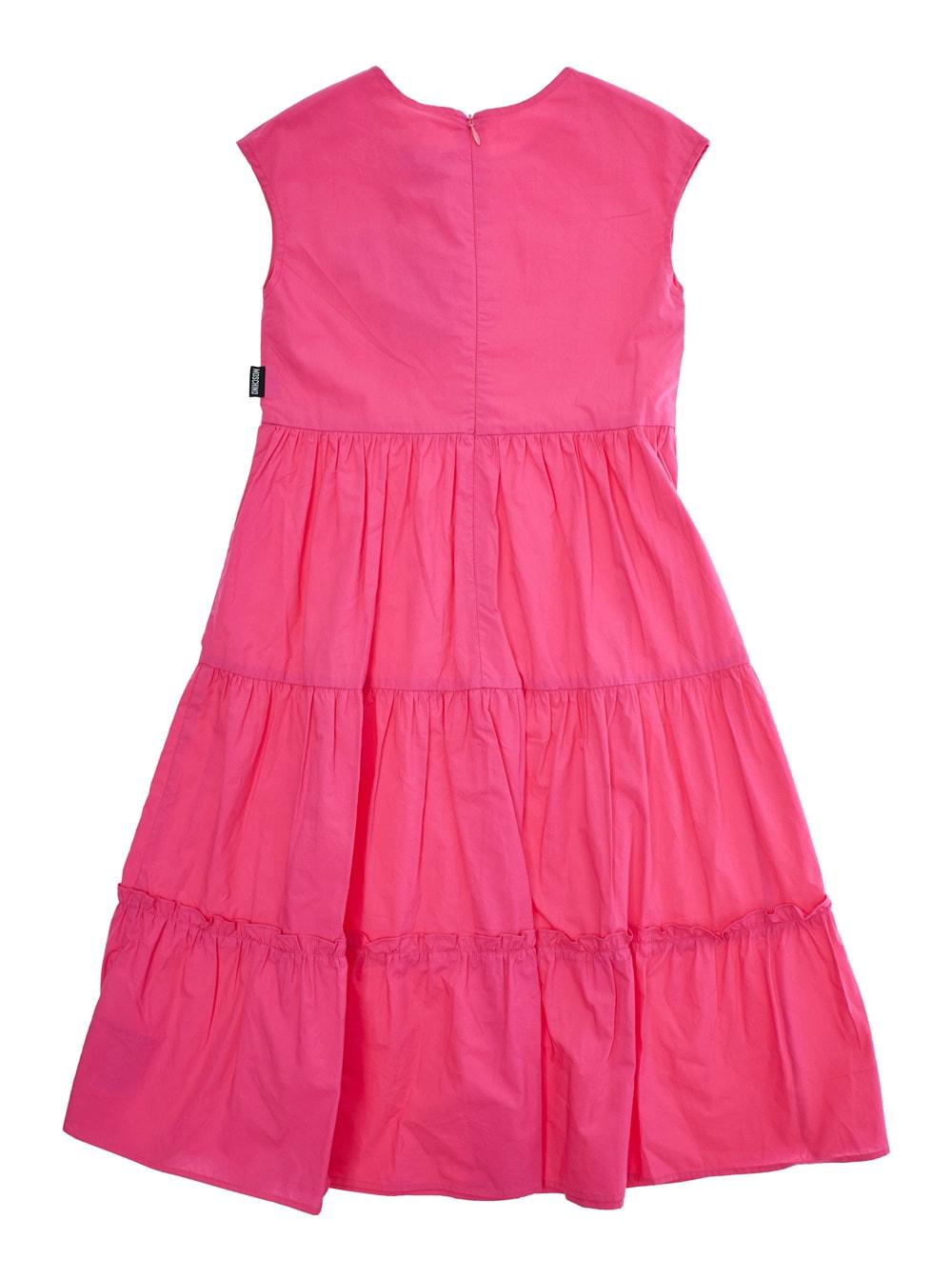 moschino pink flounced dress with teddy bear patch in stretch cotton girl
