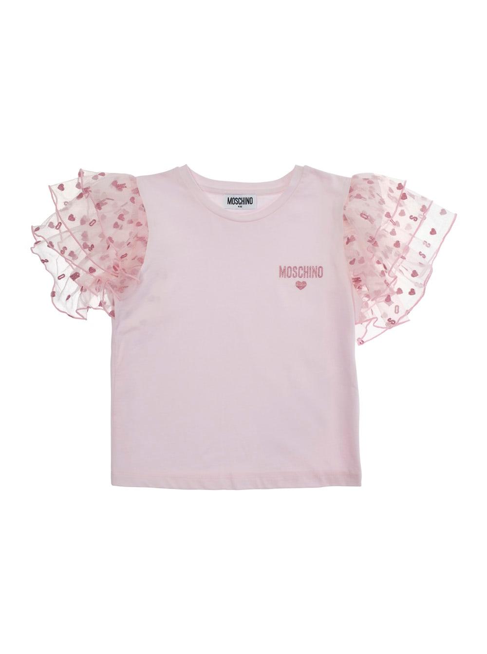 moschino pink t-shirt with logo lettering on the front and jacquard motif on the sleeves in cotton girl