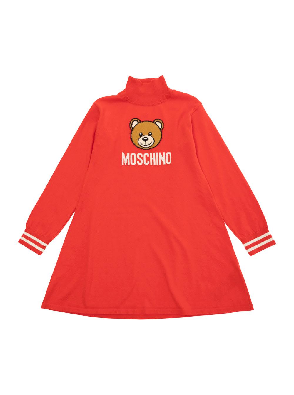 moschino red high neck dress with teddy print in cotton and wool girl