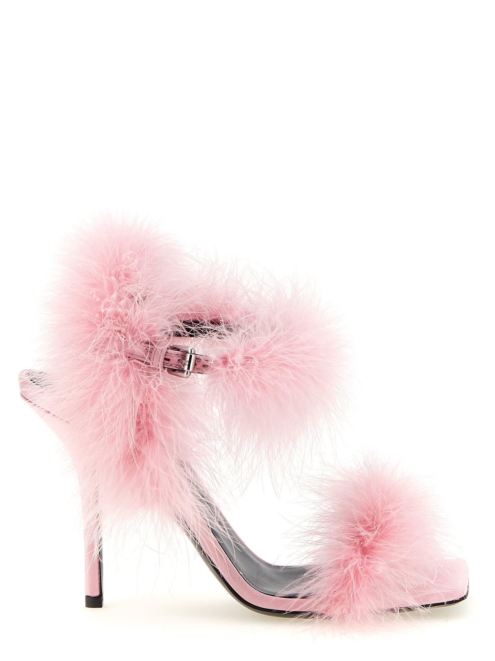 moschino satin sandals and feathers