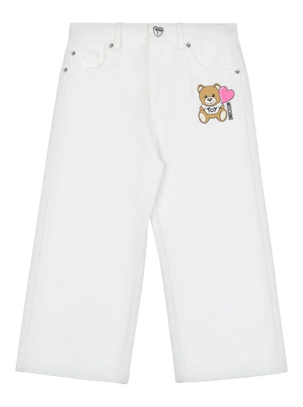 moschino white jeans with logo detail on the front and button with logo in denim girl