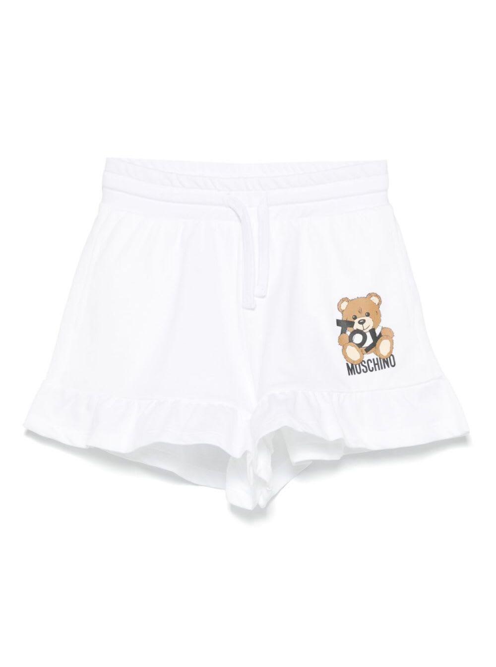 moschino white shorts with elastic drawstring waist and logo print on the front in cotton girl