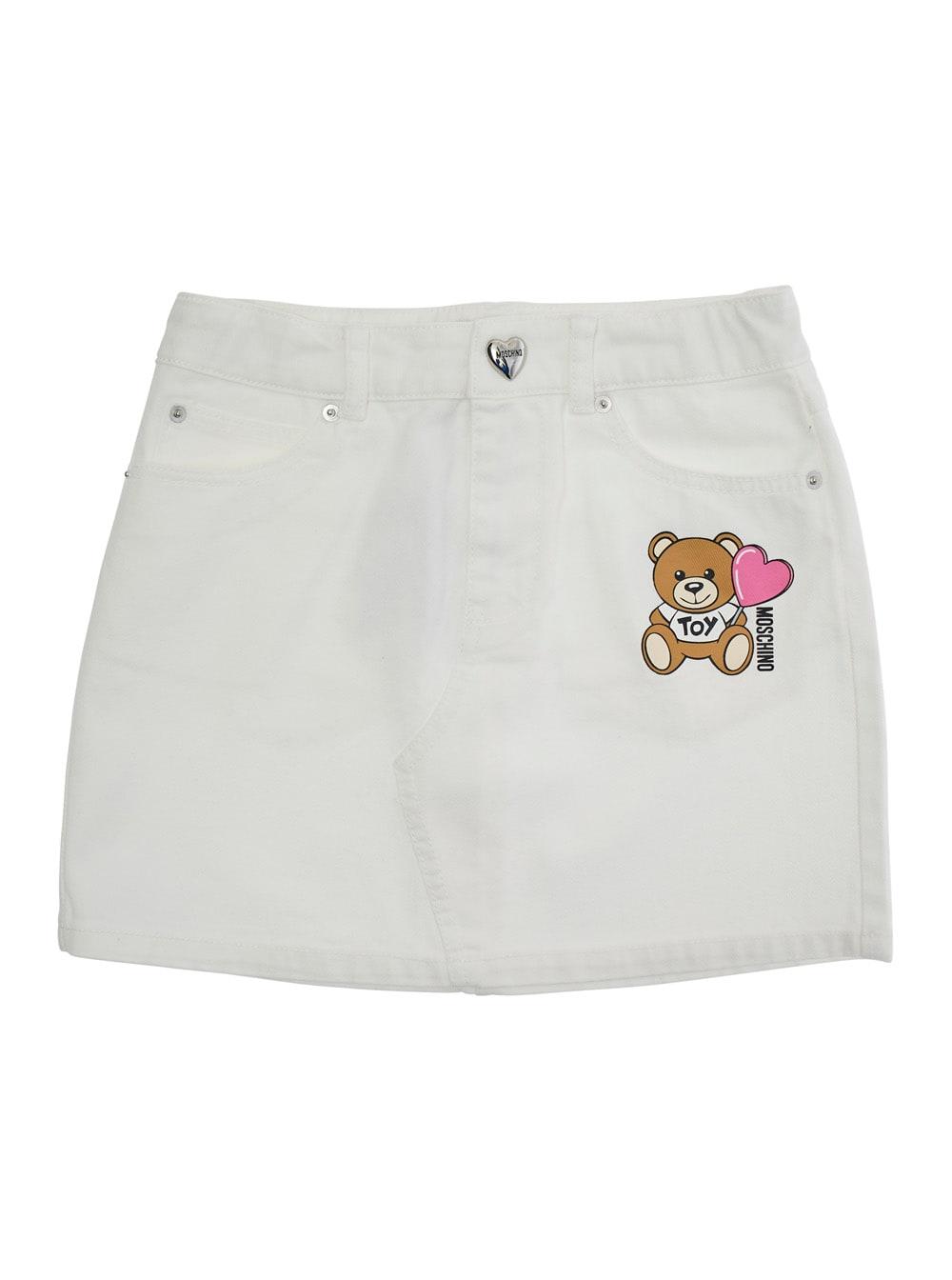 moschino white skirt with teddy bear motif on the front in denim girl