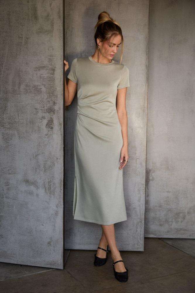 moss gathered waist midi dress