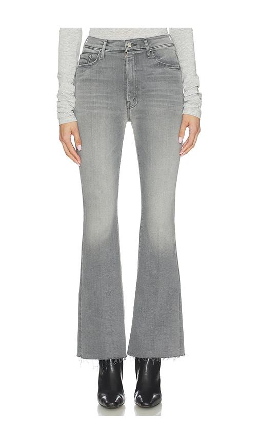 mother high waisted weekend fray jeans in grey.