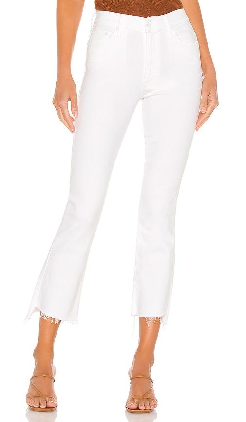 mother lil' petite insider crop step fray jeans in white.