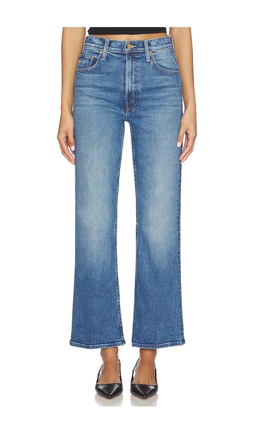 mother lil petite high waisted bookie sneak jeans in blue.