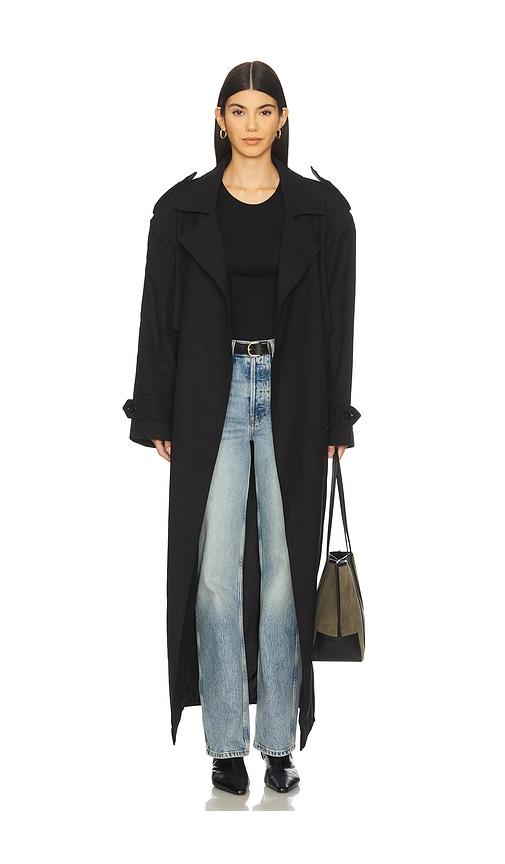 mother of all brooklyn long trench coat in black.