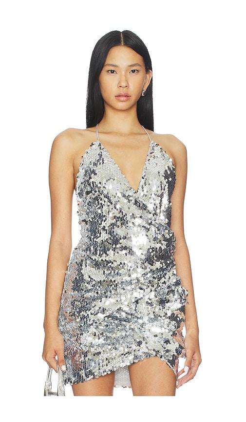 mother of all fernanda sequins top in metallic silver.
