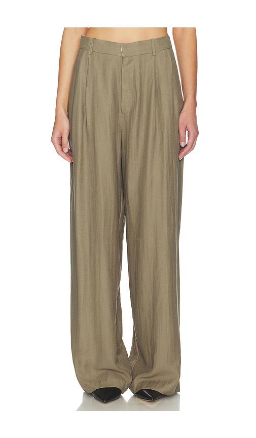 mother of all hedi mid waist tailored linen pant in olive.