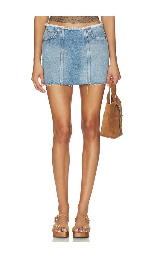 mother the chip clip mini fray skirt in blue.