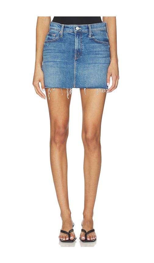 mother the ditcher mini fray skirt in blue.