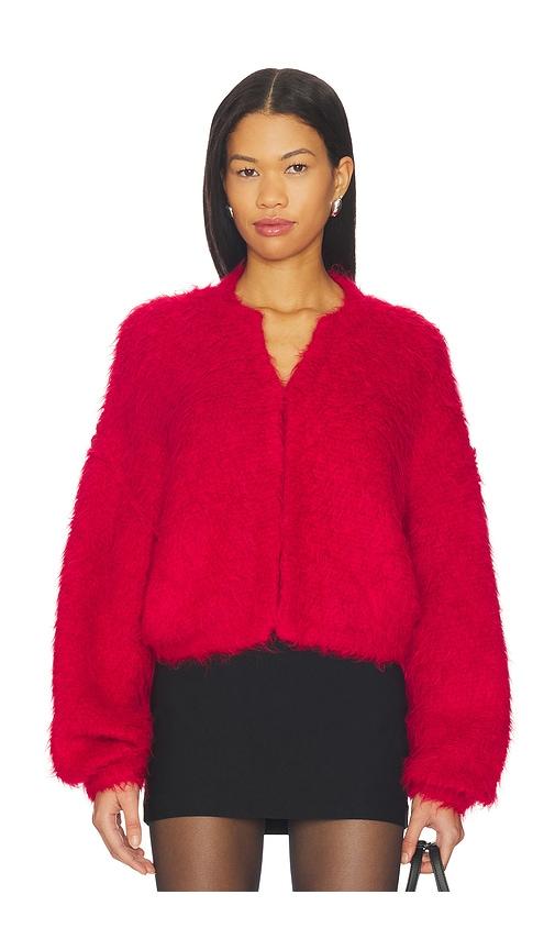 mother the drop bubble cardigan in red.