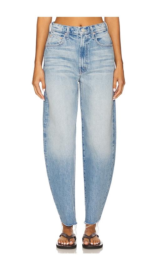 mother the fangirl hover fray jeans in blue.
