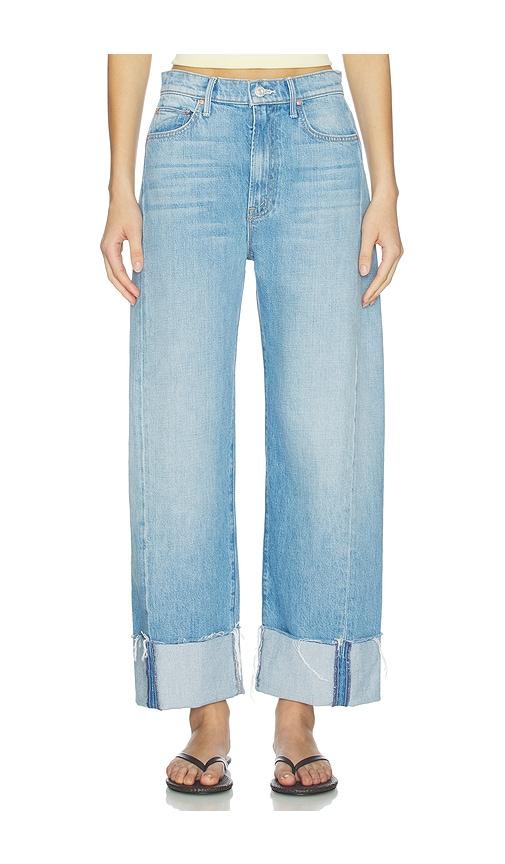 mother the half-pipe ankle cuff fray jeans in blue.