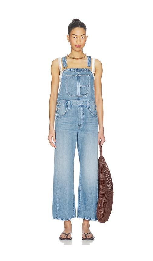 mother the half-pipe overall ankle jeans in blue.