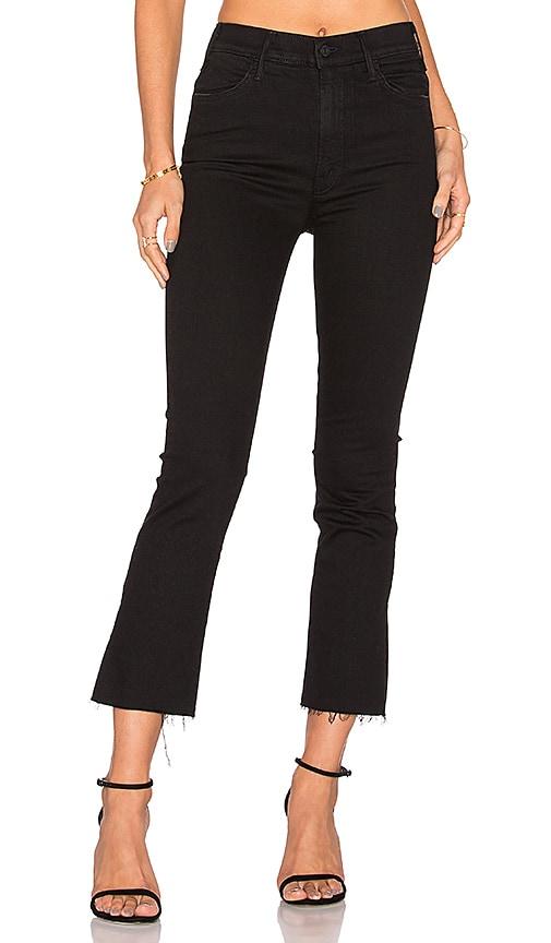 mother the hustler ankle fray jeans in black.