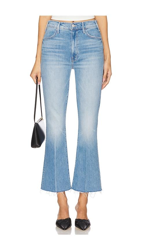 mother the hustler ankle fray jeans in blue.