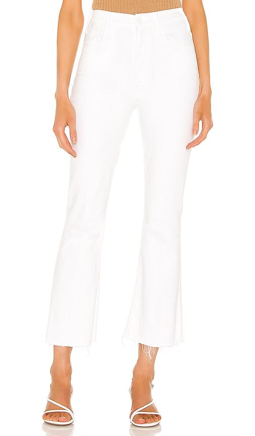 mother the hustler ankle fray jeans in white.