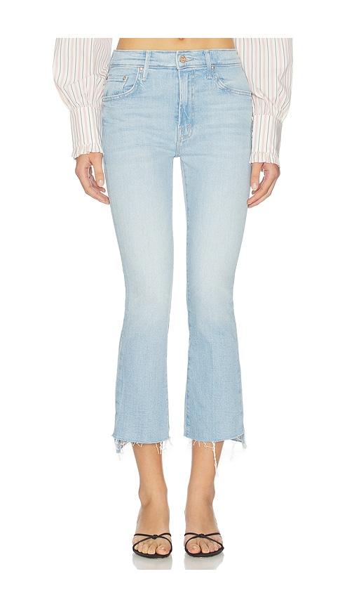 mother the insider crop step fray jeans in blue.