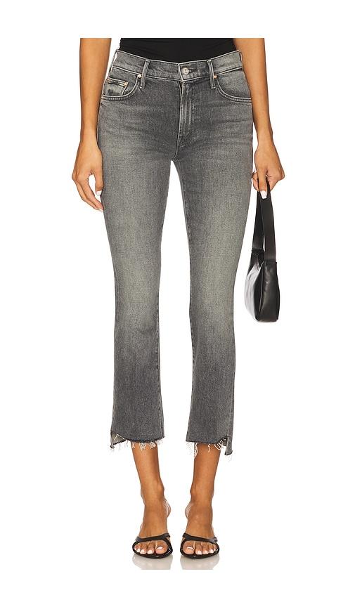 mother the insider crop step fray jeans in grey.