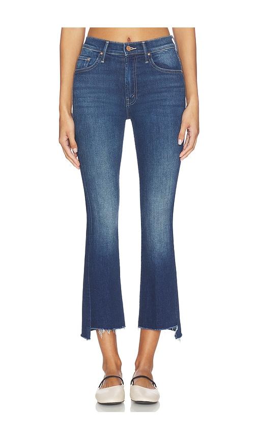 mother the insider crop step hem jeans in navy.