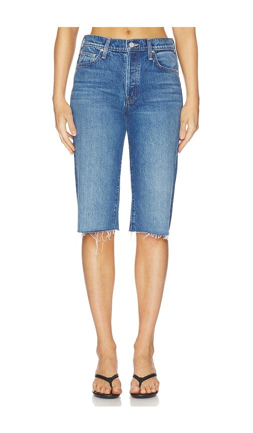 mother the kick it half n half fray short in blue.