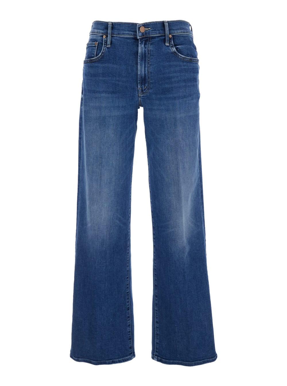 mother the maven sneak blue flared jeans with mid rise and belt loops in denim woman