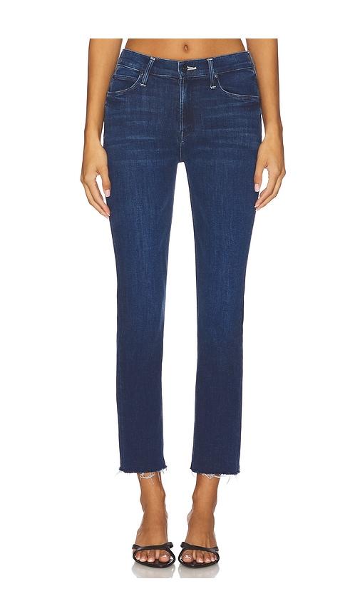 mother the mid rise dazzler ankle fray jeans in blue.