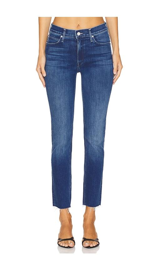 mother the mid rise dazzler ankle fray jeans in denim-medium.