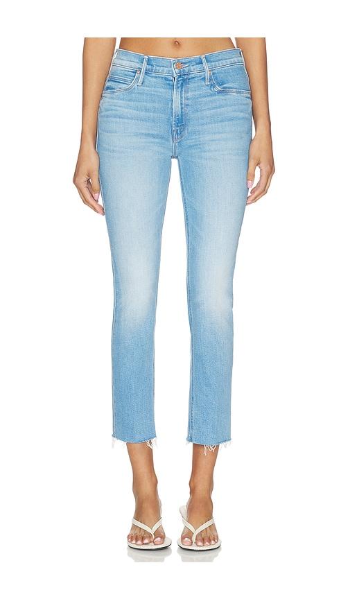 mother the mid rise dazzler crop fray jeans in blue.
